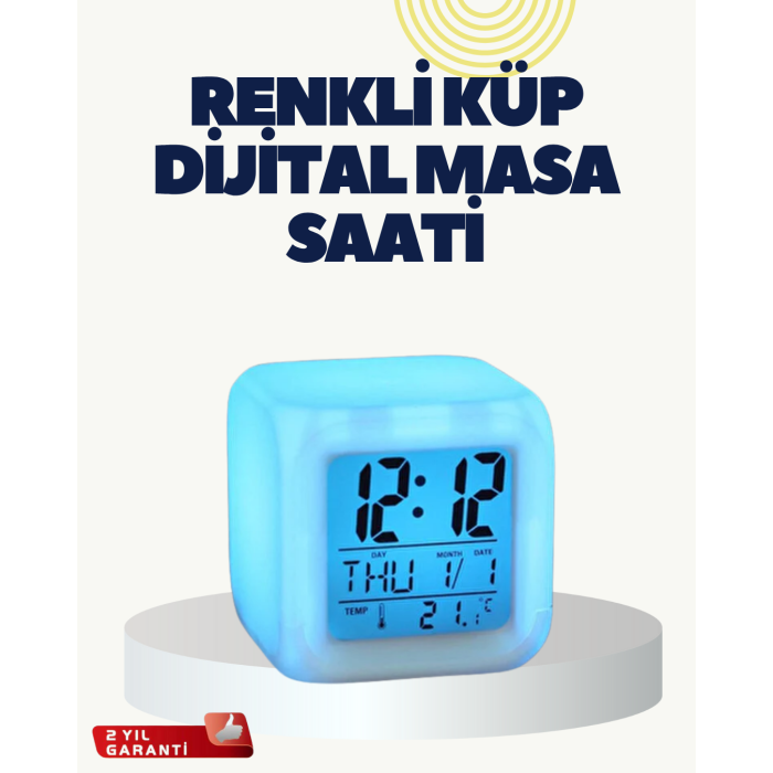 Termometre ve Takvim Özellikli 7 Renk Değiştiren Küp Alarm Saati