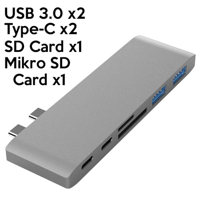 Ally 6 İn1 Usb-C Hub Daul  USB 3.0 Type-C Şarj Kart Reader Çoğaltıcı Hub-(5775)