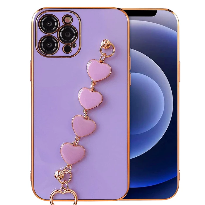 Ally iPhone 12 Pro Max 6.7inç Kılıf Kalp Bileklik Tutuculu Lüx Silikon Askılı Kılıf-(5775)