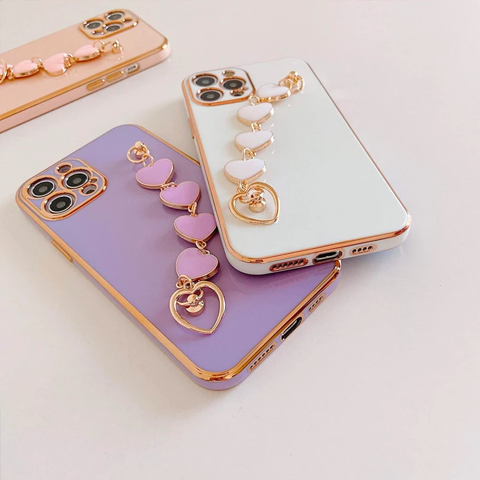 Ally iPhone 12 Pro Max 6.7inç Kılıf Kalp Bileklik Tutuculu Lüx Silikon Askılı Kılıf-(5775)