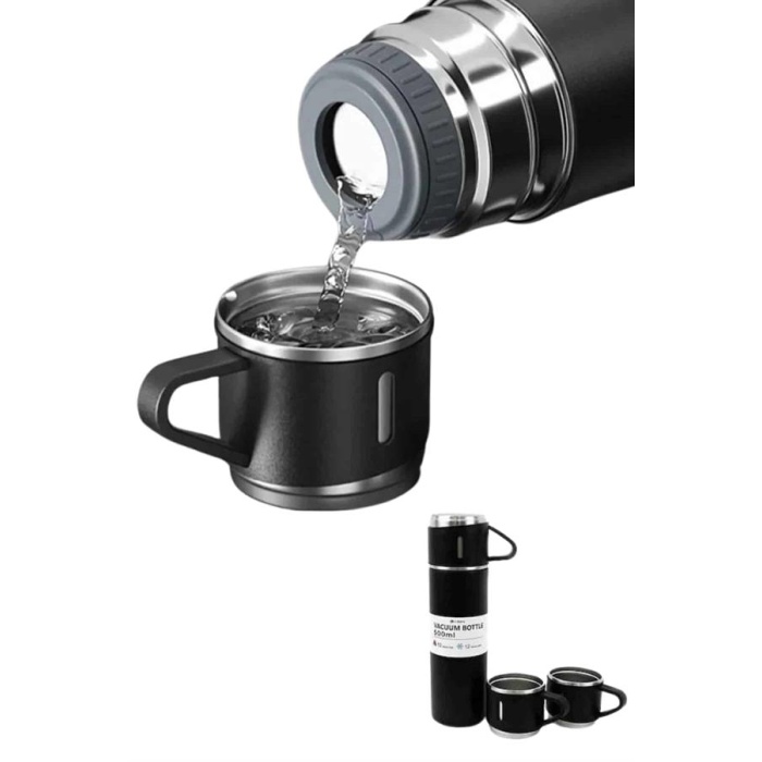 Termos Paslanmaz Çelik Termos Siyah Renk 3 Bardaklı Termos Seti