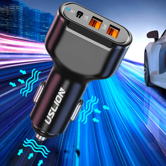 USLİON 30W 2 USB + Type-C Girişli QC3.0 Hızlı Araç Çakmaklık Şarjı-(5775)