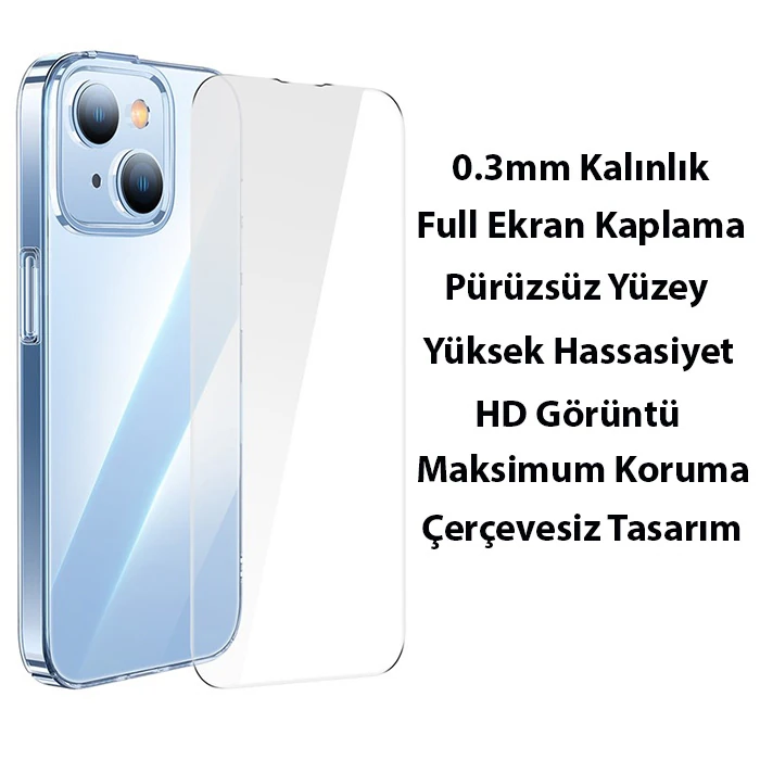 Baseus iPhone 15 Crystal Serisi Silikon Kılıf + Tempered Ekran Koruyucu Set-(5775)