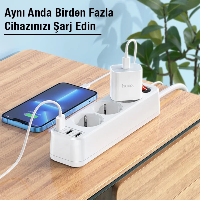 HOCO NS2 3lü Priz 3 USB 4000W 1.8 Metre Şarj Uzatma Kablosu Akım Korumalı-(5775)