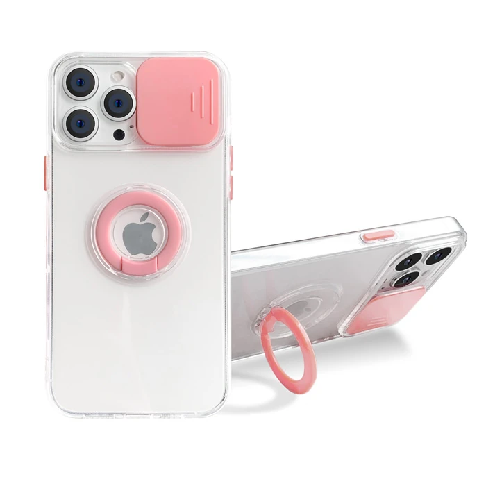 Ally iPhone 13 Pro 6.1 inç Kılıf Sürgülü Kamera Lens Korumalı Yüzük Standlı Silikon Kılıf-(5775)