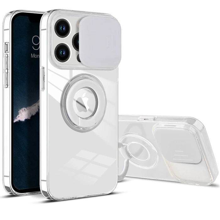 Ally iPhone 13 Pro 6.1 inç Kılıf Sürgülü Kamera Lens Korumalı Yüzük Standlı Silikon Kılıf-(5775)