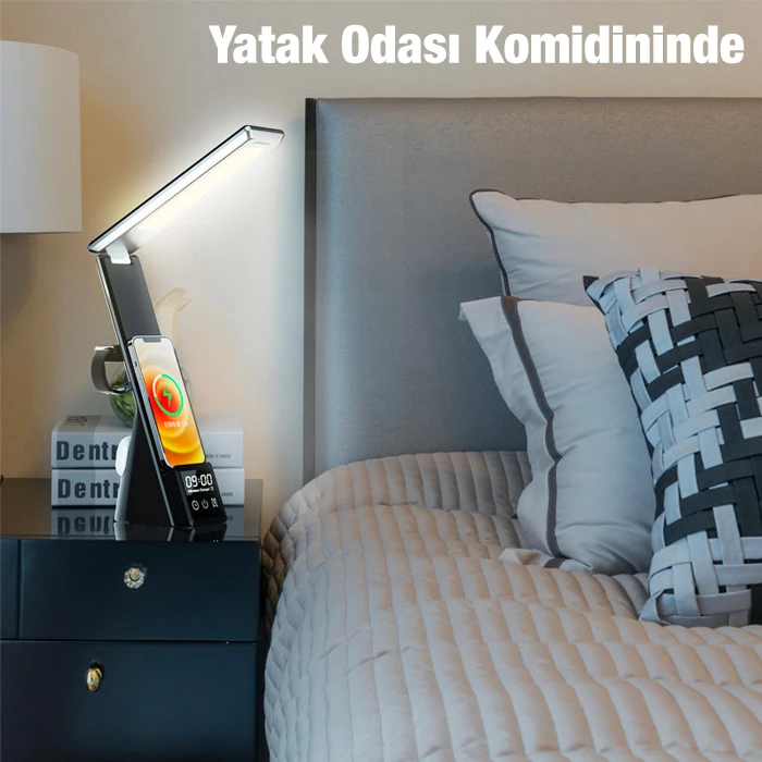 ALLY Dijital Saatli 15W Kablosuz Şarjlı LED Işıklı Katlanabilir Masa Lambası-(5775)