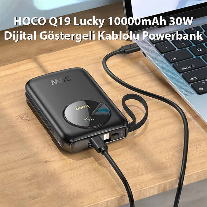 HOCO Q19 Lucky 10000mAh 30W Dijital Göstergeli Kablolu Powerbank-(5775)