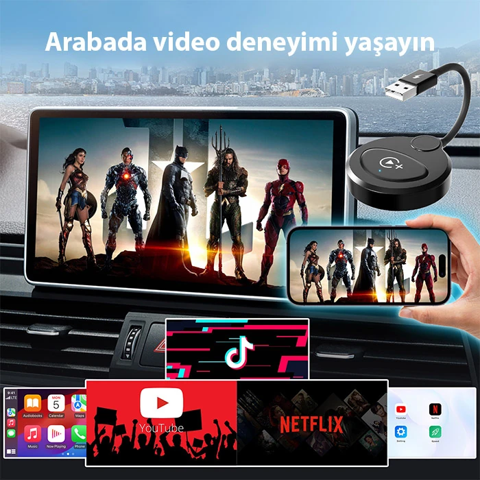 USB+Type-C Apple Kablosuz Wireless Carplay Adaptör Çevirici -Youtube Netflix Tiktok Video Yansıtıcı-(5775)