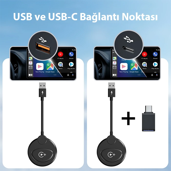 USB+Type-C Apple Kablosuz Wireless Carplay Adaptör Çevirici -Youtube Netflix Tiktok Video Yansıtıcı-(5775)