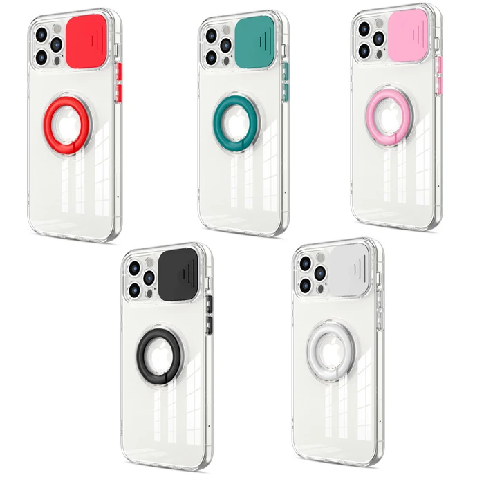 Ally iPhone 12 Pro Max Kılıf Sürgülü Kamera Lens Korumalı Yüzük Standlı Silikon Kılıf-(5775)