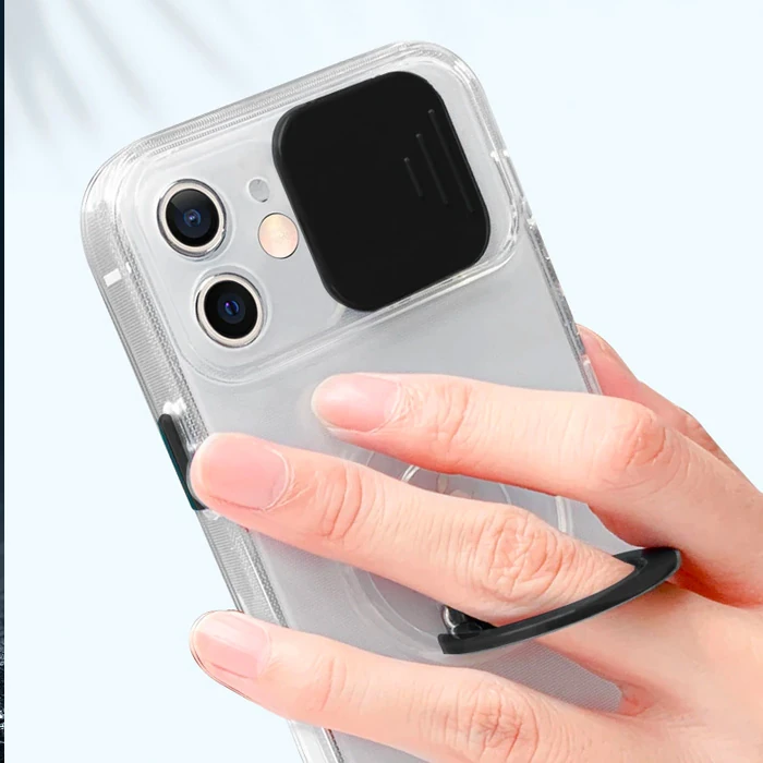 Ally iPhone 12 Pro Max Kılıf Sürgülü Kamera Lens Korumalı Yüzük Standlı Silikon Kılıf-(5775)