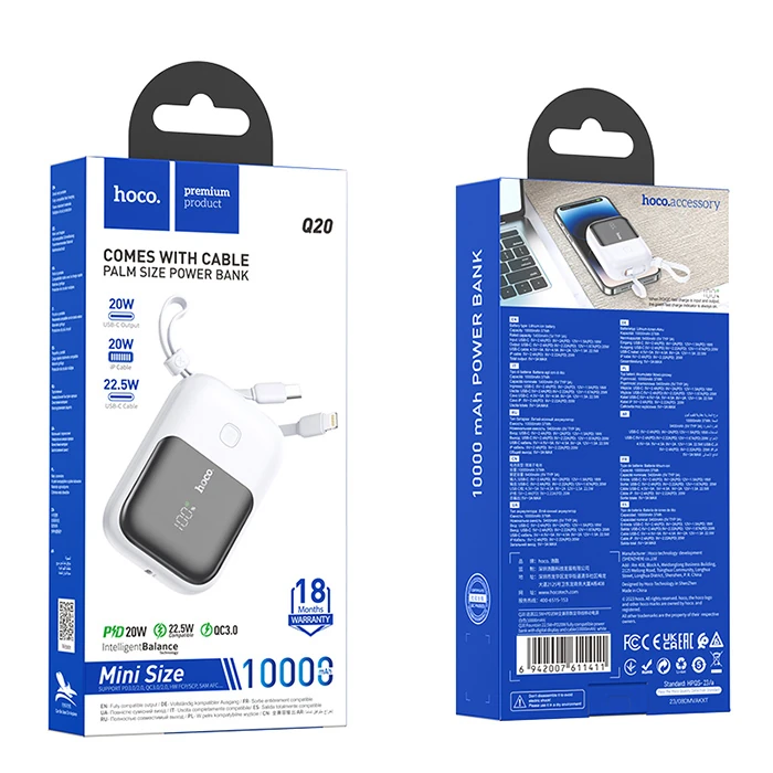 HOCO Q20 Fountain 10000mAh 22.5W+PD20W Dijital Göstergeli Kablolu Powerbank-(5775)