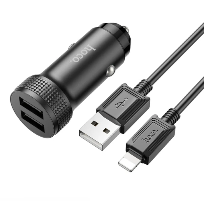 HOCO Z49 Çift USB Girişli Araç Şarj Başlık + USB To iPhone Lightning Kablo-(5775)