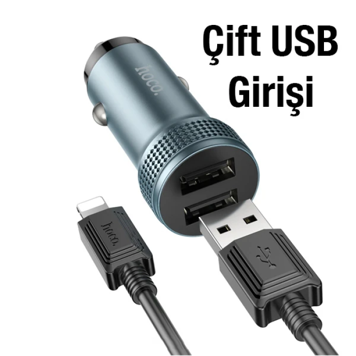 HOCO Z49 Çift USB Girişli Araç Şarj Başlık + USB To iPhone Lightning Kablo-(5775)