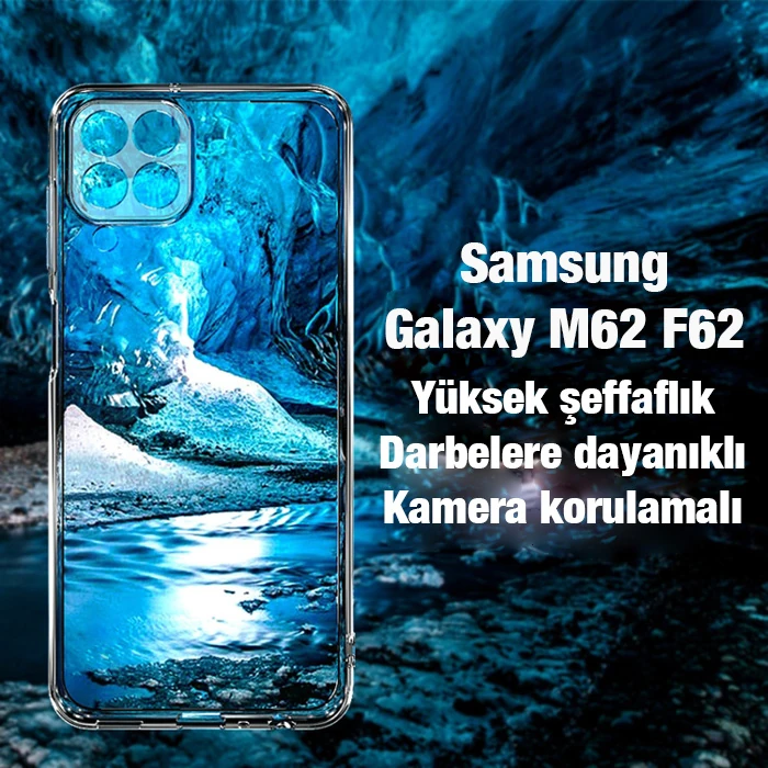 Ally SM Galaxy M62 F62 Kılıf Kamera Korumalı Ultra İnce Şeffaf Kılıf-(5775)