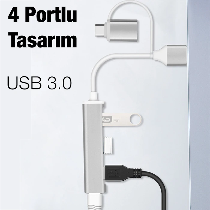 ALLY A-806 4in1 Type-C + USB Girişli USB 3.0 Çoğaltıcı Hub Adaptör Çevirici-(5775)