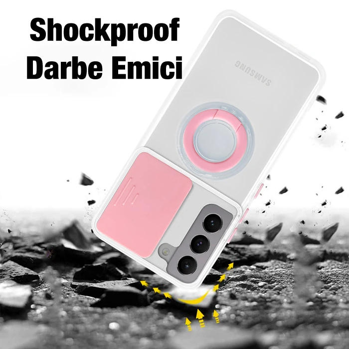 Ally SM Galaxy S22 Plus Kılıf Sürgülü Kamera Lens Korumalı Yüzük Standlı Silikon Kılıf-(5775)