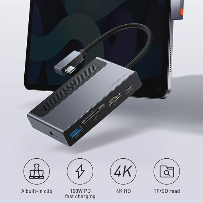 Baseus Magic Çok Fonksiyonlu Klipsli Type-C HUB 6in1 (USB3.0+SD+TF+HDMI+Type-C+3.5mm) Adaptör Çoklay-(5775)