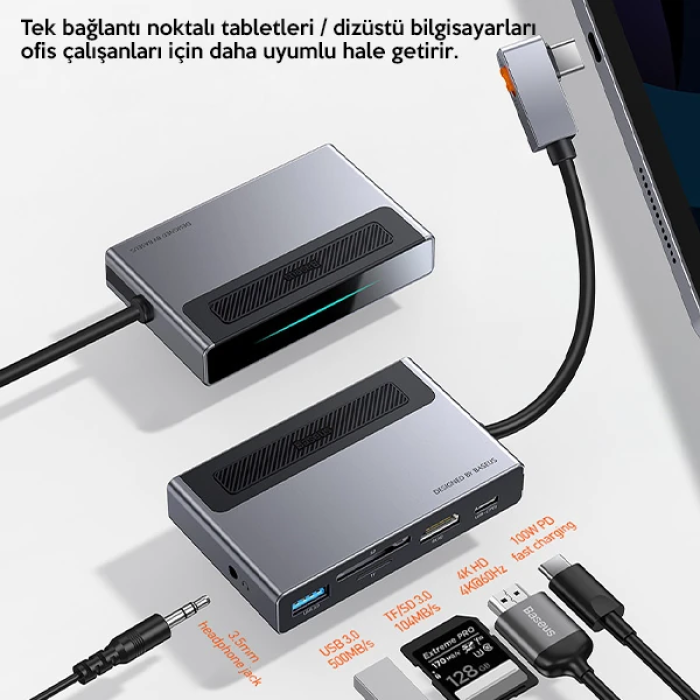 Baseus Magic Çok Fonksiyonlu Klipsli Type-C HUB 6in1 (USB3.0+SD+TF+HDMI+Type-C+3.5mm) Adaptör Çoklay-(5775)