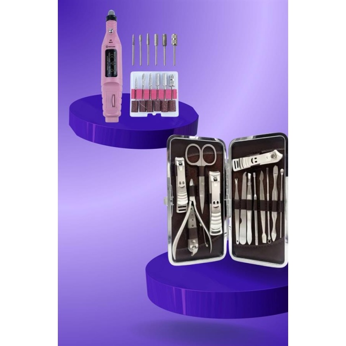 Elektrikli Manikür Pedikür Seti İkili Set 12 Parça Tırnak Bakımı Törpü Protez Çıkarma