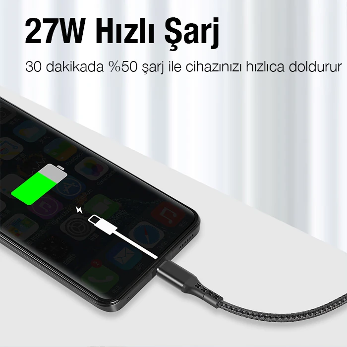 ALLY 1mt 27W Type-C To iPhone Lightning Süper Hızlı Data ve Şarj Kablosu Akım ve Isı Korumalı Halat-(5775)