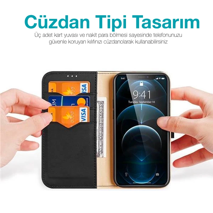 Dux Ducis iPhone 13 Pro Kılıf Mıknatıslı Cüzdanlı Deri Kılıf Hivo Series-(5775)