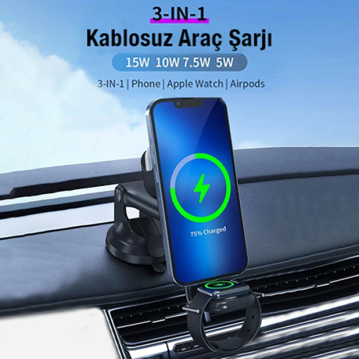 Ally Wireless Şarjlı 3in1 Torpido Üstü Ve Havalandırma Telefon Kulaklık Saat Tutucu-(5775)