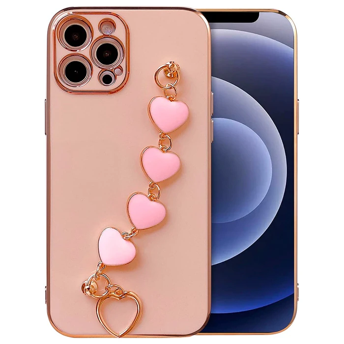 Ally iPhone 12 Pro 6.1inç Kılıf Kalp Bileklik Tutuculu Lüx Silikon Askılı Kılıf-(5775)