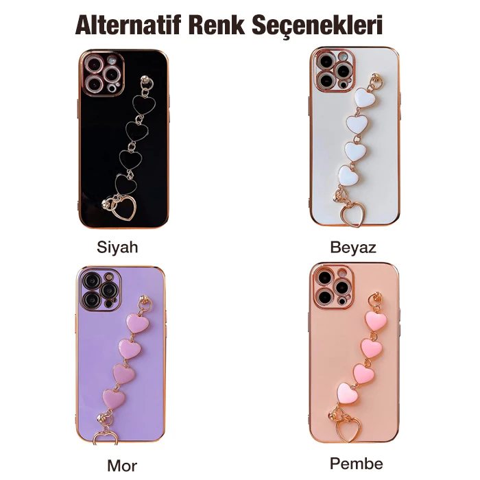Ally iPhone 12 Pro 6.1inç Kılıf Kalp Bileklik Tutuculu Lüx Silikon Askılı Kılıf-(5775)