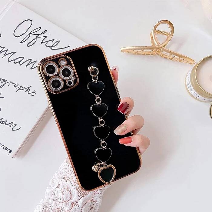 Ally iPhone 12 Pro 6.1inç Kılıf Kalp Bileklik Tutuculu Lüx Silikon Askılı Kılıf-(5775)