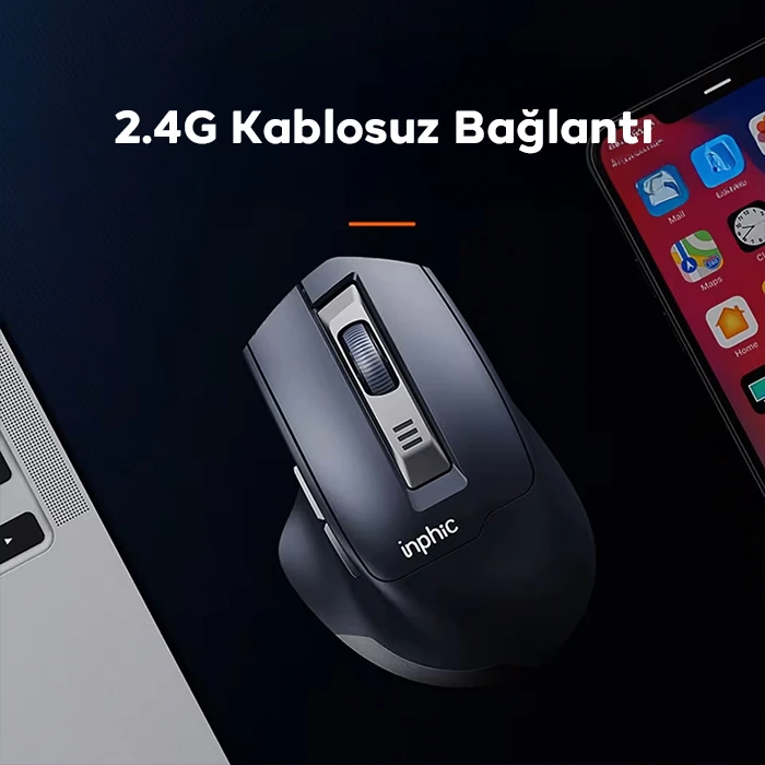 İNPHİC M9 Kablosuz Fare Ergonomik Şarj Edilebilir Sessiz Kullanım 2.4G 500 mAh USB Mouse-(5775)