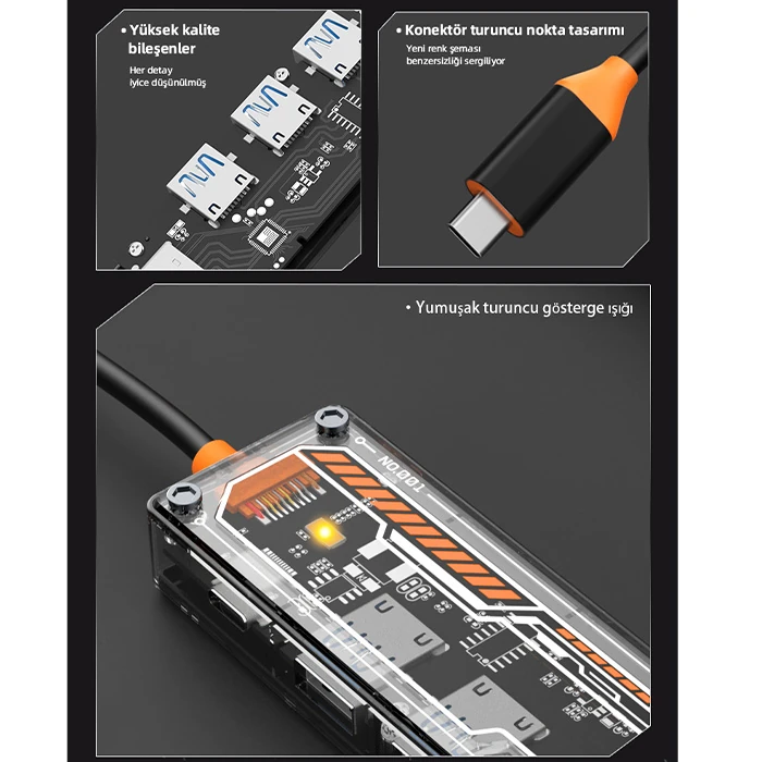 ALLY 5in1 Type-c To USB3.0 + USB2.0 + Type-c PD 100W + HDMI + Ethernet Çoğaltıcı Transparan Hub-(5775)