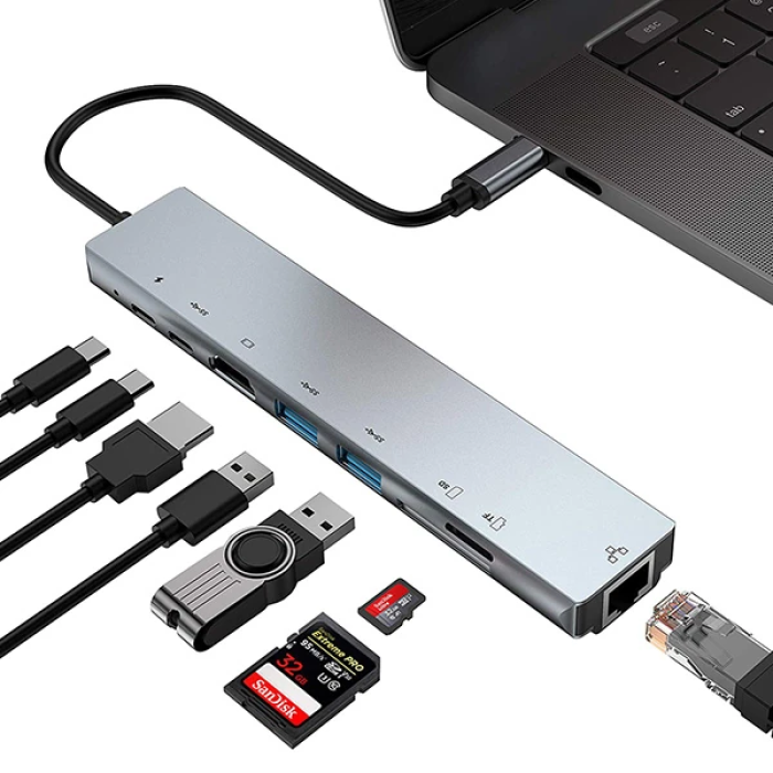 Ally 8 Port Usb 8in1 3.0 Type-C Hdmi 3XUSB+2 PD) RJ45 Hub Adaptör Çoklayıcı TF SD Kart-(5775)