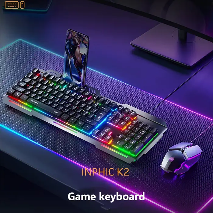 Inphic K2 USB Kablolu Oyun Klavyesi 104-Key Sessiz Oyun Klavyesi Bilgisayar Laptop için Cep telefonu yerleştirme alanı-(5775)