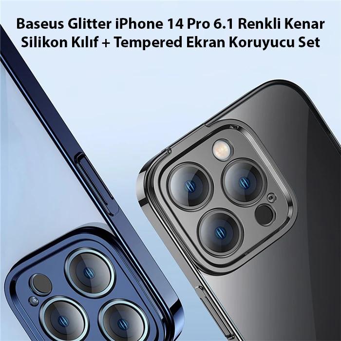 Baseus Glitter iPhone 14 Pro 6.1 Renkli Kenar Silikon Kılıf + Tempered Ekran Koruyucu Set-(5775)