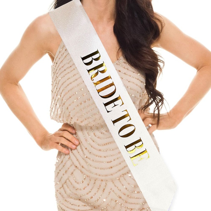 Beyaz Üzeri Altın Büyük Bride To Be Yazılı Simli Işıltılı Kuşak Kemer 10x80 cm