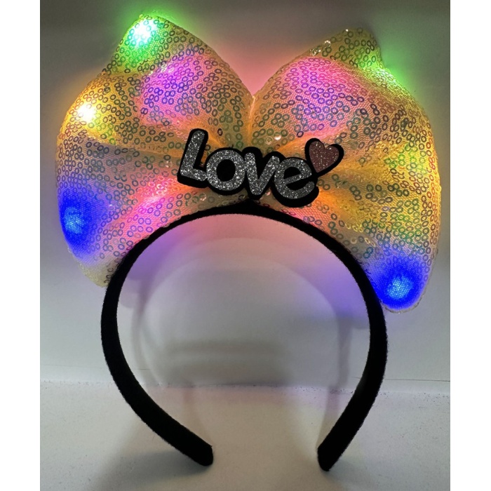 Led Işıklı 3 Farklı FonNessiWorldiyonda Yanan Gümüş Love Yazılı Sarı Fiyonk Taç 20X17 cm