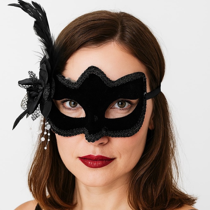 Siyah Renk Yandan Tüylü Beyaz İncili Süet Kaplama A Kalite LüNessiWorld Parti Maskesi 20x23 cm