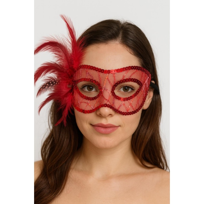 Kırmızı Renk Yandan Tüylü Pul Payet İşlemeli Parti Maskesi 23x12 cm