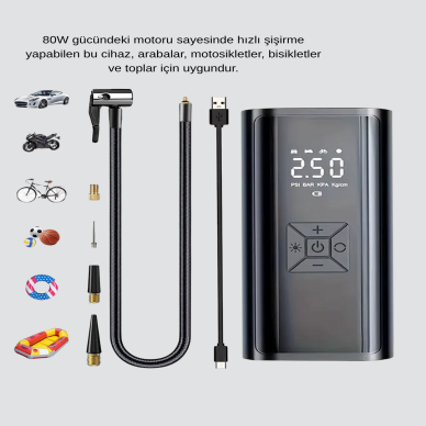 Dijital Ekranlı Kablosuz Hava Pompası LED Işıklı 12V 80W