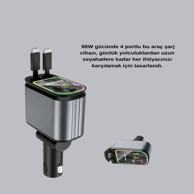 Araç Şarj Cihazı 66W 4 Portlu Hızlı Şarj ve LED Işıklı