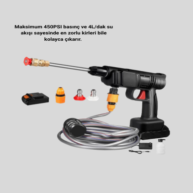 Taşınabilir Basınçlı Yıkama Makinesi – 5m Hortumlu Köpük Şişeli 48V Güçlü