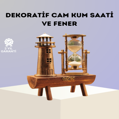 Dekoratif Ahşap Kum Saati ve Deniz Feneri Figürlü Masa Süsü – Şık ve Fonksiyonel Tasarım