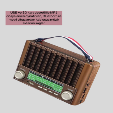 Nostaljik Tasarımlı Solar Şarjlı Radyo AM FM SW ve Bluetooth