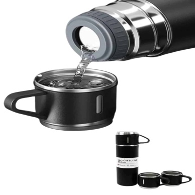 Termos Paslanmaz Çelik Termos Siyah Renk 3 Bardaklı Termos Seti