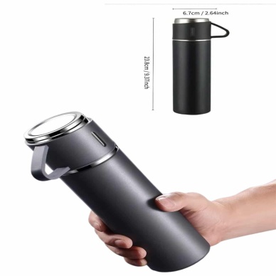 Termos Paslanmaz Çelik Termos Siyah Renk 3 Bardaklı Termos Seti