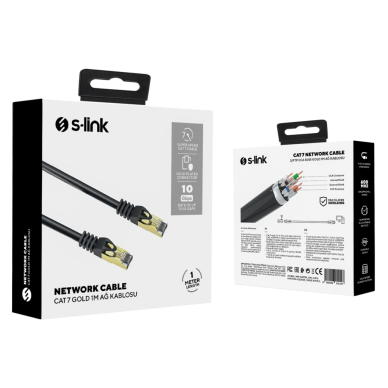 S-LINK MM-CAT701 CAT7 Patch 1Mt Gold Uçlu   FTP CCA Ağ Bağlantı Kablosu (Siyah)(1923)
