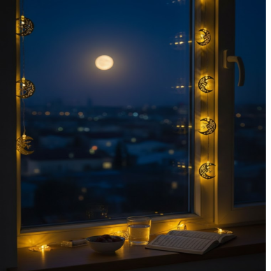 Minareli Hilal LED Işık Gold Metal Gövdeli Pilli Ramazan Dekoru