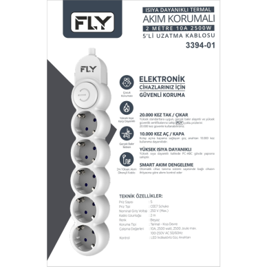 FLY 3394-01 5 Soket Akım Korumalı Priz 2.1A Anahtarlı 2Mt Kablo (Beyaz)(1923)